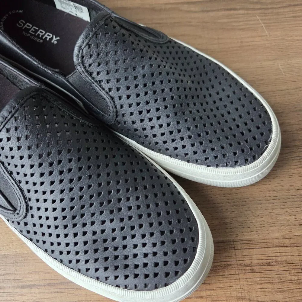 EUC SPERRY TOP SIDER BLACK GENUINE LEATHER UPPER PERFORATED SHOES SIZE 9 WOMENS